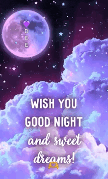 a wish you good night and sweet dreams greeting card with a purple moon and purple clouds .