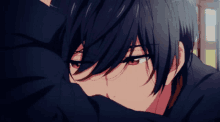 a close up of a person with red eyes and black hair