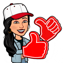 a cartoon of a woman giving a thumbs up with red foam hands