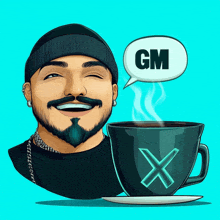 a cartoon of a man with a cup of coffee and a gm speech bubble