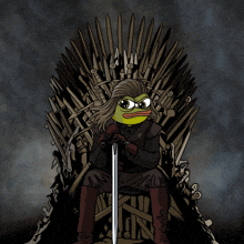 a cartoon character is sitting on a throne with a sword