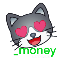 a cat with hearts in its eyes and the word money underneath