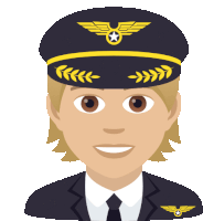 a cartoon illustration of a pilot wearing a hat with wings and laurel wreaths