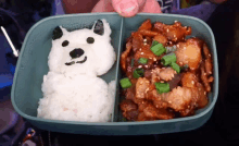 a person is holding a bento box that has rice and meat in it