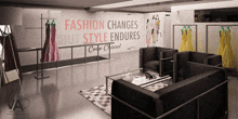 a room with a sign that says fashion changes but style endures by coco chanel