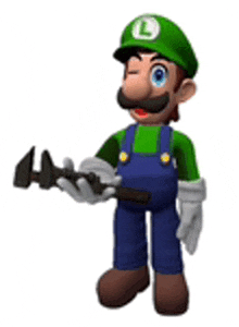 a cartoon character is holding a hammer and wearing overalls .