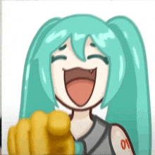 a cartoon of hatsune miku laughing and pointing at the camera .