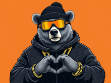 a bear wearing a hat and goggles makes a heart shape with its hands