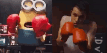 a minion is boxing a man in a boxing ring .