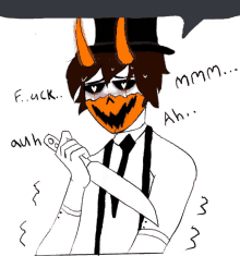 a drawing of a man with horns holding a knife with a speech bubble that says f.u.ck.