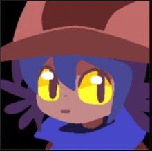 a cartoon character with blue hair and yellow eyes wearing a hat