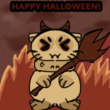 a cartoon drawing of a cat with horns holding a broom and the words happy halloween