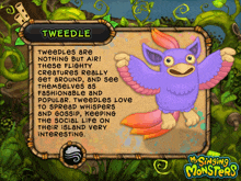 a poster for tweedle from my singing monsters shows a purple bird with pink wings