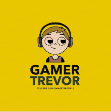 a logo for gamer trevor with a boy wearing headphones on a yellow background