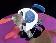 a drawing of a person kneeling down next to a blue folding chair with a purple planet behind them