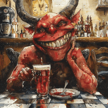 a painting of a devil sitting at a table with a glass of blood on it