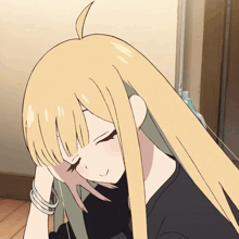 a drawing of a girl with long blonde hair covering her face with her hand