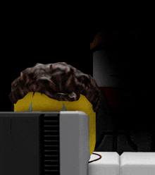 a cartoon character with brown hair is sitting on a keyboard