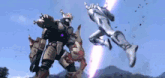two robots are fighting each other in the air in a video game .