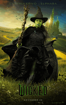 a movie poster for wicked shows a witch holding a cane