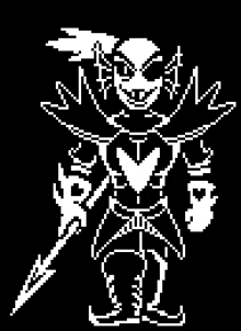 a black and white pixel art of a person holding a sword