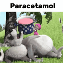 a cartoon of a bear and a girl with a pot of paracetamol in the background