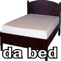 a wooden bed with a white mattress and the word da bed below it