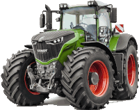 a green and black fendt tractor with red tires on a white background