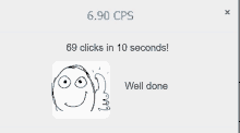 a screenshot of a screen that says 69 clicks in 10 seconds and well done