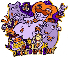 a cartoon drawing of a group of monsters with the words happy halloween written below them