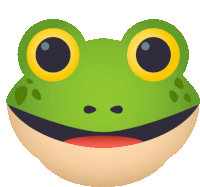 a green frog with big yellow eyes is smiling