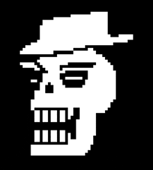 a pixel art drawing of a skull with a hat on .