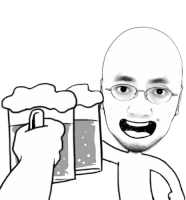 a black and white drawing of a man with glasses holding a mug of beer