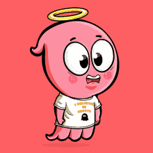 a pink cartoon character wearing a white shirt that says i believe in ghosts