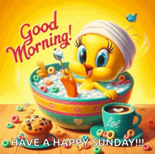 tweety bird is taking a bath in a bowl of cereal and a cup of coffee .