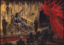 a painting of a devil sitting on a throne surrounded by demons