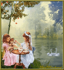 a painting of two girls sitting at a table with swans in the background and the words " bon weekend " on the bottom