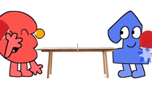 two cartoon characters are playing ping pong with red rackets