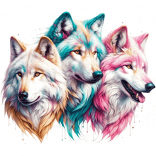 a painting of three different colored wolves with a white background