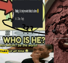 a man covering his mouth with his hand and the words who is he