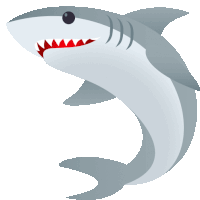 a cartoon shark with red teeth and a black eye