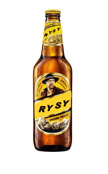 a bottle of rysy has a man in a hat on it