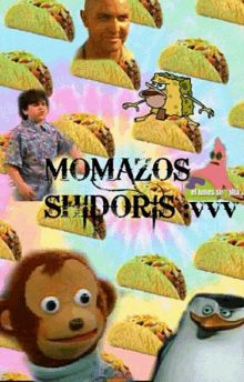 a monkey is standing in front of a bunch of tacos with spongebob and patrick .