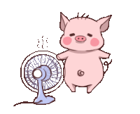 a cartoon pig standing next to a fan with steam coming out of it