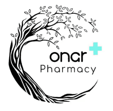 a black and white logo for onar pharmacy with a tree in the center