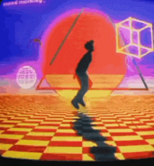 a man is dancing on a checkered floor in front of a red sun