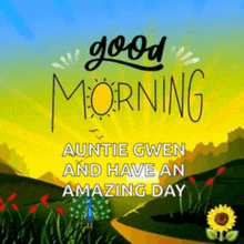 a peacock is walking down a path in a field with the words good morning auntie gwen and have an amazing day