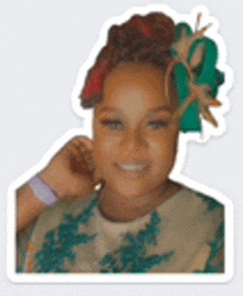 a sticker of a girl wearing a green dress and a green flower in her hair .