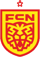 a red and yellow logo for fcn with a red star on top