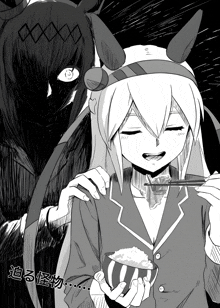 a black and white drawing of a girl eating rice with chopsticks